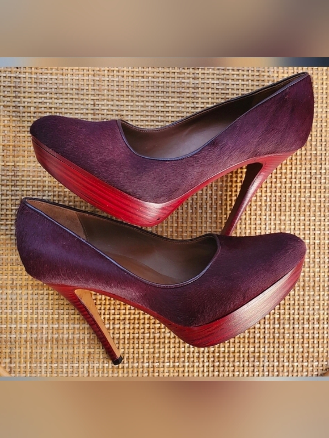 Donald J. Pliner Burgundy Red Fur Stiletto Platform Heels Sz 8
